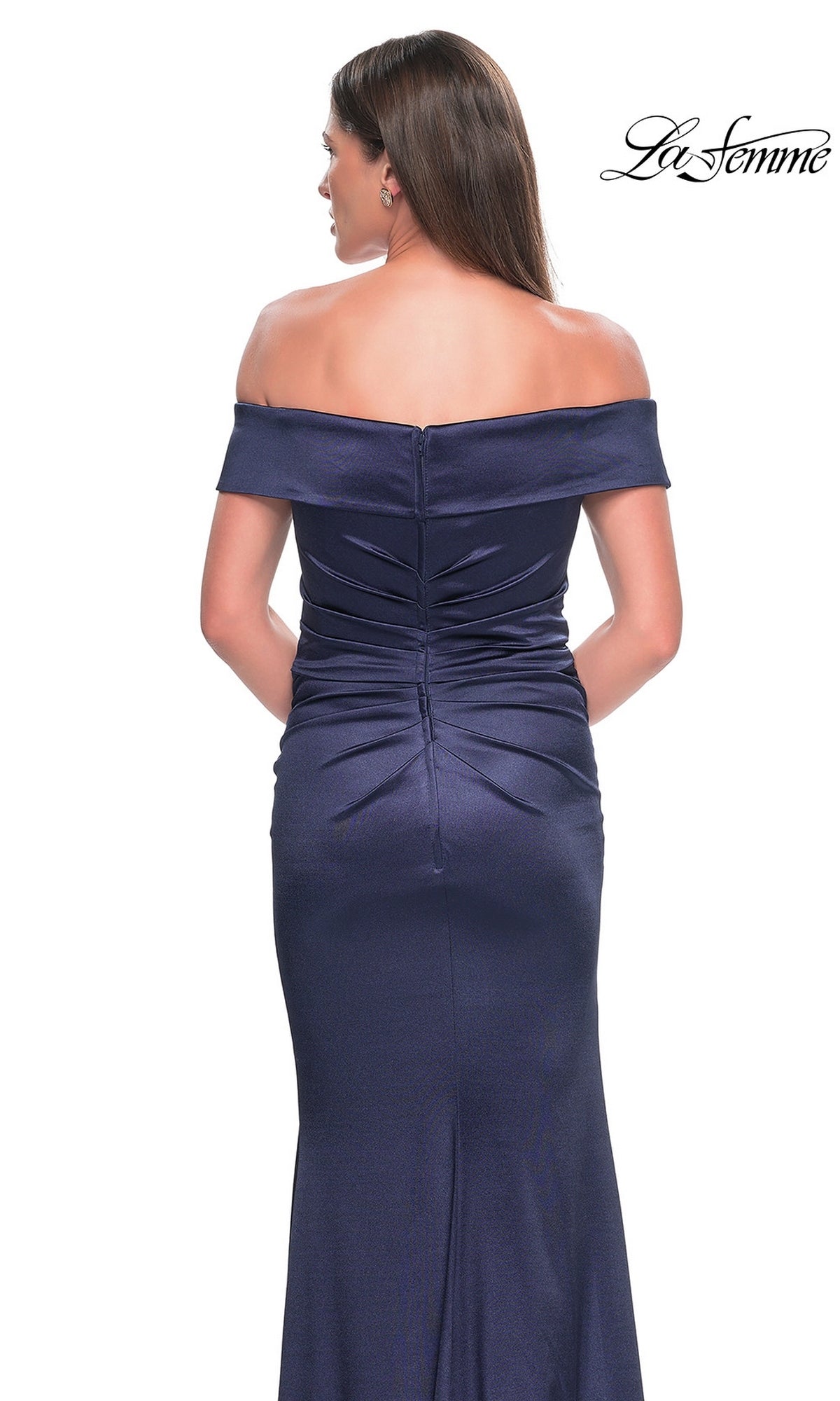 Back view of the Long Formal Dress: La Femme 31621, a navy blue, off-the-shoulder evening gown with ruched detailing along the center back.